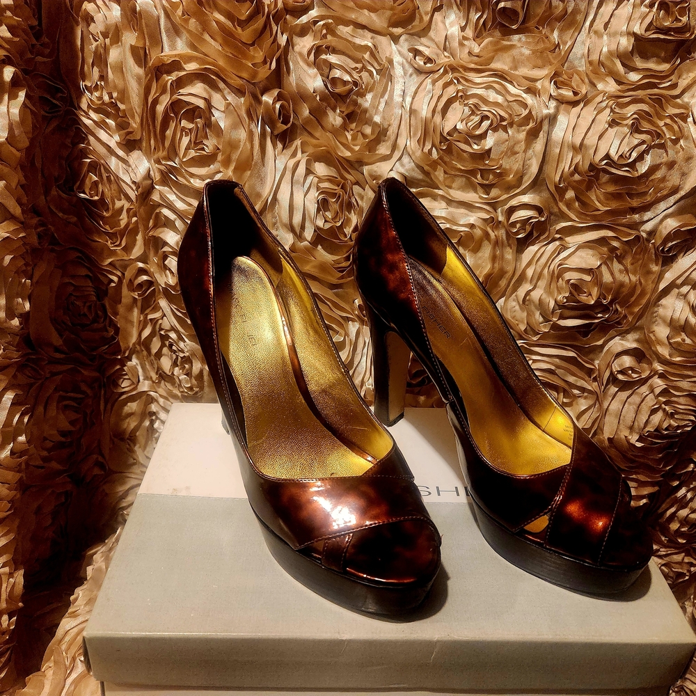 Marc Fisher Shiny Brown Peep-Toe Heels